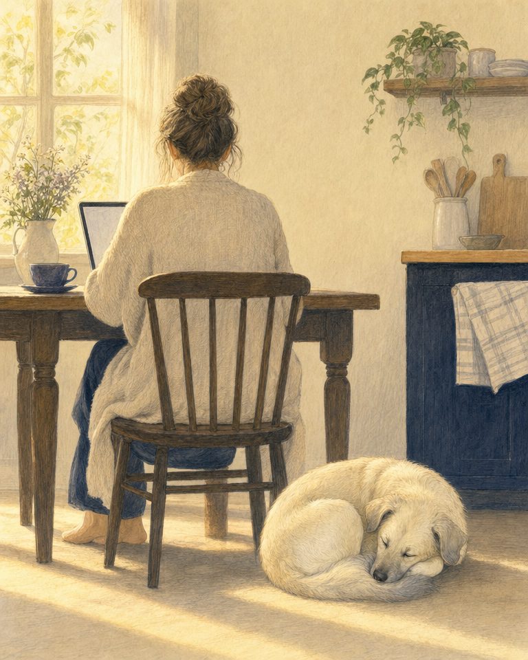 Eine Frau sitzt am Küchentisch vor einem Laptop, von hinten gesehen; auf dem Boden daneben liegt Moonlight.